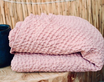 Linen throw, waffle summer blanket, Light Pink, Bedspread, plaid, wrap, Crib to Queen, King