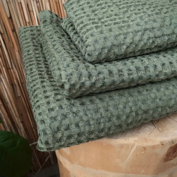 Waffle linen towel in Olive green, absorbent towel, Face, Hand, Bath, Beach towel