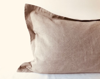 Linen pillowcase Oxford style, stonewashed European linen, pillow cover with flanges, envelope closure