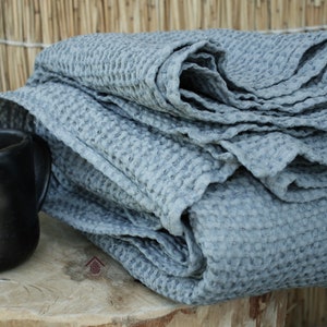 Linen throw, waffle summer blanket, Dusty Blue, Bedspread, plaid, wrap, Queen, King image 1