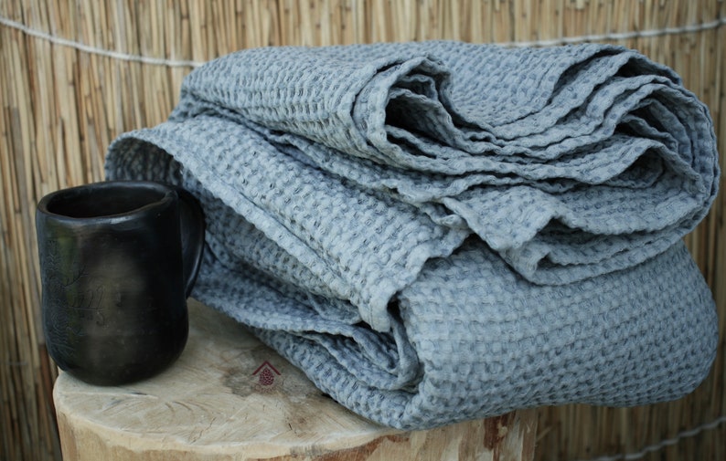 Linen throw, waffle summer blanket, Dusty Blue, Bedspread, plaid, wrap, Queen, King image 1