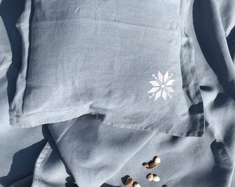 Linen bedding set for babies, kids, with embroidery, ash blue, dusty lavender, stonewashed, pure OEKO-TEX European linen
