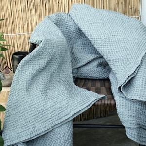 Linen throw, waffle summer blanket, Dusty Blue, Bedspread, plaid, wrap, Queen, King image 3