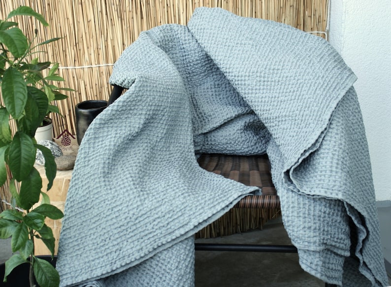 Linen throw, waffle summer blanket, Dusty Blue, Bedspread, plaid, wrap, Queen, King image 3