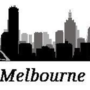 May include: A black and white silhouette of the Melbourne skyline, featuring various buildings and a bridge. The word "Melbourne" is written in a stylized font below the skyline.