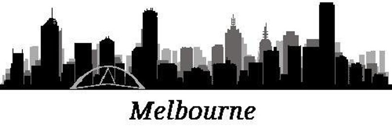 May include: A black and white silhouette of the Melbourne skyline, featuring various buildings and a bridge. The word "Melbourne" is written in a stylized font below the skyline.
