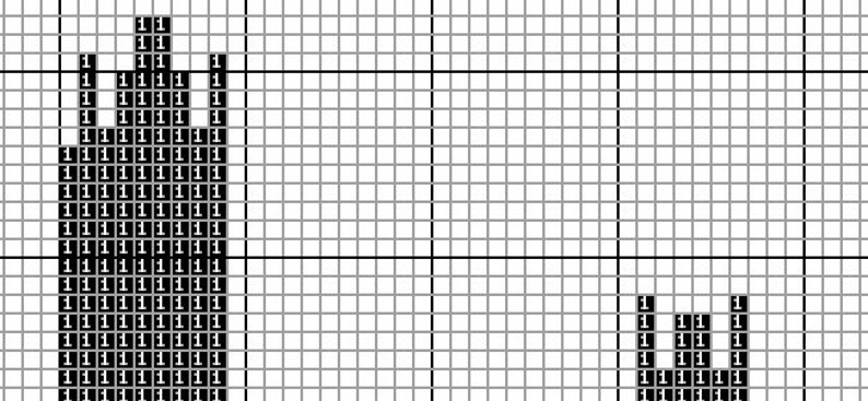 May include: A black and white pixel art image of a building and a smaller structure. The building is tall and rectangular with a detailed top. The smaller structure is also rectangular. The image is on a grid.