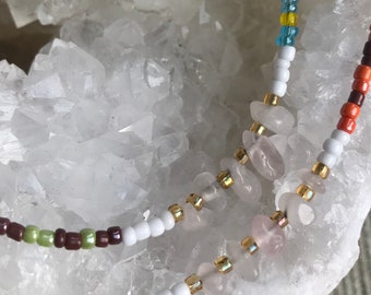 Crystal waist beads- Rose Quartz clusters, with white opaque and multicolour beads.