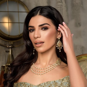 Palwasha Pearl Choker & Earrings Set | Indian Bridal Jewellery | Antique Gold Wedding Set | Pakistani Jewelry | Gift for Her