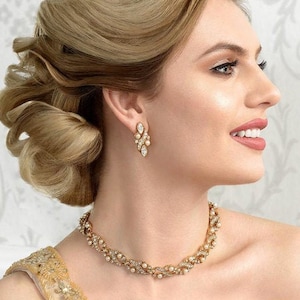 Choker Necklace & Earrings Set | Swarovski Crystals | Indian Pakistani Jewellery | Bridal Partywear Gift | Antique Gold | Handmade UK