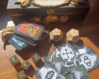 Witchcraft Gift Set, Spell Candle Box with Rune Stones, Lenormand Cards or Tarot Set, Handmade Magical Tools, Gothic Decor