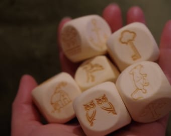 Lenormand Wooden Dice Set - 6 Engraved Dice with Symbols + Pink Velvet Pouch - Divination, Fortune Telling Gift