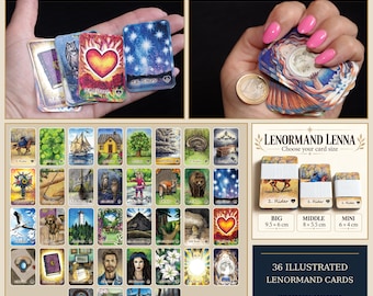 May include: A Lenormand Lenna deck featuring 36 illustrated cards in three sizes: big 9.5 x 6 cm, middle 8 x 5.5 cm, and mini 6 x 4 cm. The cards display various colorful scenes including a heart, stars, animals, and landscapes with text labels.
