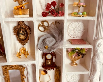 Miniature Luxury Boudoir Shelf with 37 Compartments, 65 Handmade Mini Furnishings, Wooden Craft, Decorative Shelf for Wall or Table, Art
