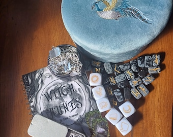 Rune Divination Set, Obsidian Runes, Lenormand Dice & Charms, Witch Rune Cards, Complete Divination Kit, Velvet Box Gift Set