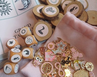 Lenormand Divination Kit, Wooden Discs, Dice & Metal Charms, Pink Fortune Telling Set with Grand Tableau Cloth, Gift for Her