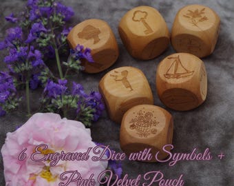 Lenormand Wooden Dice Set - 6 Engraved Dice with Symbols + Pink Velvet Pouch - Divination, Fortune Telling Gift