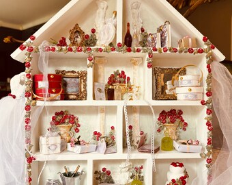 Miniature Wooden Wedding House with 10 Compartments, 35 Wedding-Themed Decorations, Handmade Wedding Dress, Bouquet, Gifts, Unique Art Shelf