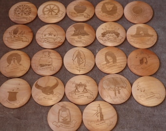 Tarot Major Arcana, Circular Wooden Deck +Rustic Natural Leather Bag Included