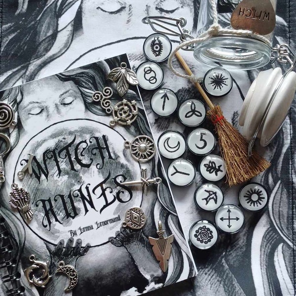 BIG 13 WITCHES RUNES set.  Wicca Runes Included : 13  metal charms + 13 witch rune balls, 13 cards, table cloth + book  + glass jar+  broom