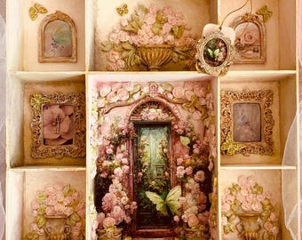 Fairy Miniature Wall Shelf, Romantic Display with Roses & Butterflies, Handmade Jewelry or Crystal Decor, Gift