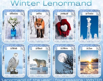 Mini Lenormand Card Deck, Winter Oracle Cards, Pocket Size 6 x 4 cm, Minimalist Divination Set with PDF Guide