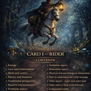 Könnte beinhalten: Titelbild eines digitalen Handbuchs "LENORMAND CARD HANDBOOK". Es zeigt einen Reiter auf einem weißen Pferd mit einer Laterne unter einem Halbmond. Der Text "CARD I - RIDER" ist zu sehen, zusammen mit einer Inhaltsliste, wie "Energie" und "Liebe und Beziehungen".