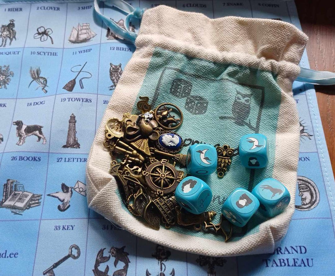 Sky Blue Lenormand Dice Set With 37 Vintage Bronze Charms, Pouch, Key Terms Booklet - Etsy