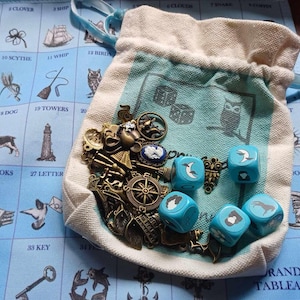 Ensemble de dés Lenormand bleu ciel avec 37 breloques en bronze vintage, pochette, livret de termes clés et mini tissu de grand tableau, LIVRAISON GRATUITE !