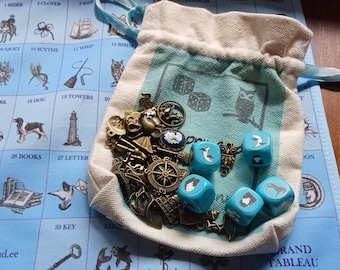 Sky Blue Lenormand Dice Set with 37 Vintage Bronze Charms, Pouch, Key Terms Booklet