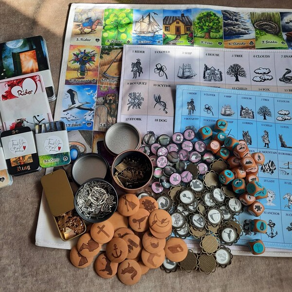 Large Lenormand Fortune Teller set in an Old Folding Vintage Wooden Box- include 24 tools, Lenormand Starter Magic Boxox for fortuneteller