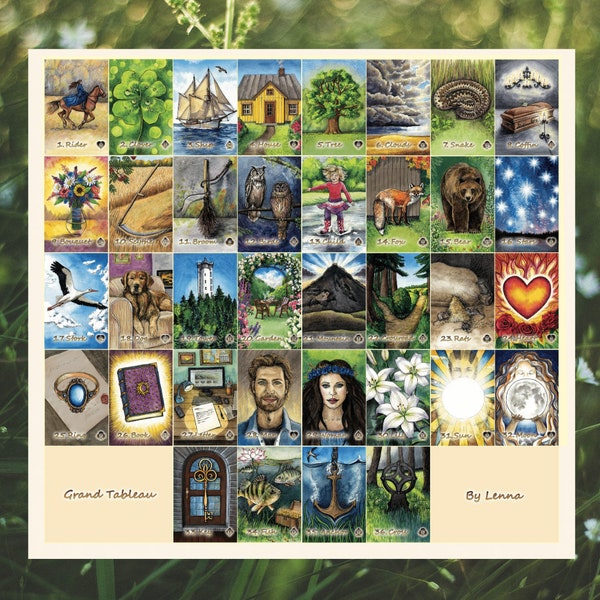 Lenormand Lenna Watercolor Style Pictures Grand Tableau cloth, Grand Tableau Lenormand 8x4+4, Casting Board, Grand Tableau Reading Mat