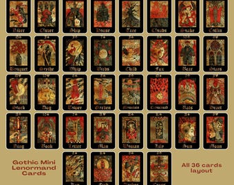 Lenormand Card Deck, Gothic Mini Oracle Cards with Keywords, Pocket Divination Set with Bag, Red Black Aesthetic