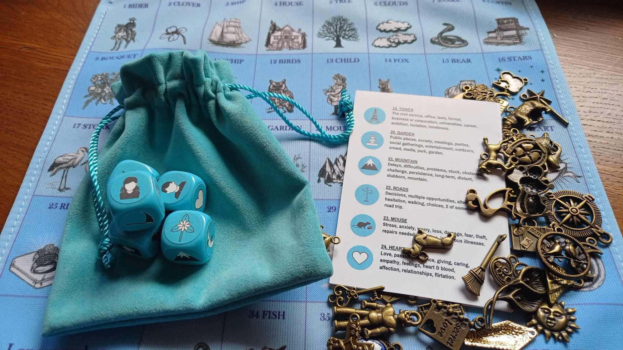 Key Lenorm Sky Blue Lenormand Dice Set With 37 Vintage Bronze Charms, Pouch, Key ...
