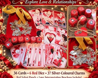 Puede incluir: Un set Red Love Lenormand que incluye 36 cartas, 6 dados rojos con símbolos y 37 dijes de color plateado en una bolsa de terciopelo rojo. Las cartas miden 6,5 x 9 cm. El set incluye un folleto de interpretación amorosa y rosas rojas.