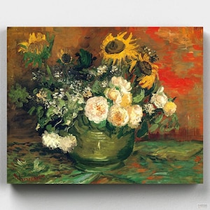 Premium Paint by Numbers Kit - Still Life with Roses & Sunflowers - Van Gogh - Canvas by Numbers