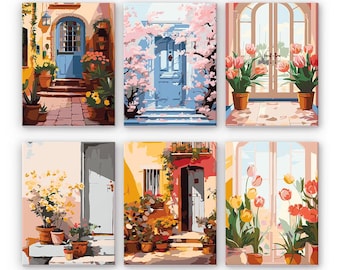 Set of 6 Mini Paint by Numbers - Charming Doors – Easy Canvas Painting DIY Art - Gift Idea