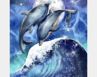 Premium Diamond Painting - Surfing Under the Moon - Dolphins Diamond Painting - 5D Diamond Painting Kits for Adult - DIY Gift