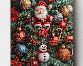 Kit de peinture à numéros haut de gamme - Sapin avec ornements du Père Noël - Peinture à numéros de Noël - Toile à numéros
