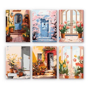 Set of 6 Mini Paint by Numbers - Charming Doors – Easy Canvas Painting DIY Art - Gift Idea