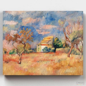 May include: A painting of a landscape with a white building in the distance, a few trees, and a field of yellow grass. The sky is blue with white clouds.