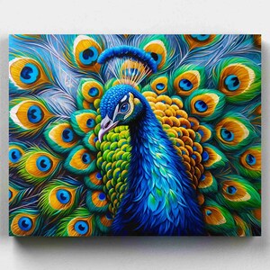Discover the enchantment of royal peacock painting with our Royal Peacock color by number kit. This image showcases the majestic beauty of a royal peacock displaying its vibrant feathers, inviting you to bring this regal portrait to life with our