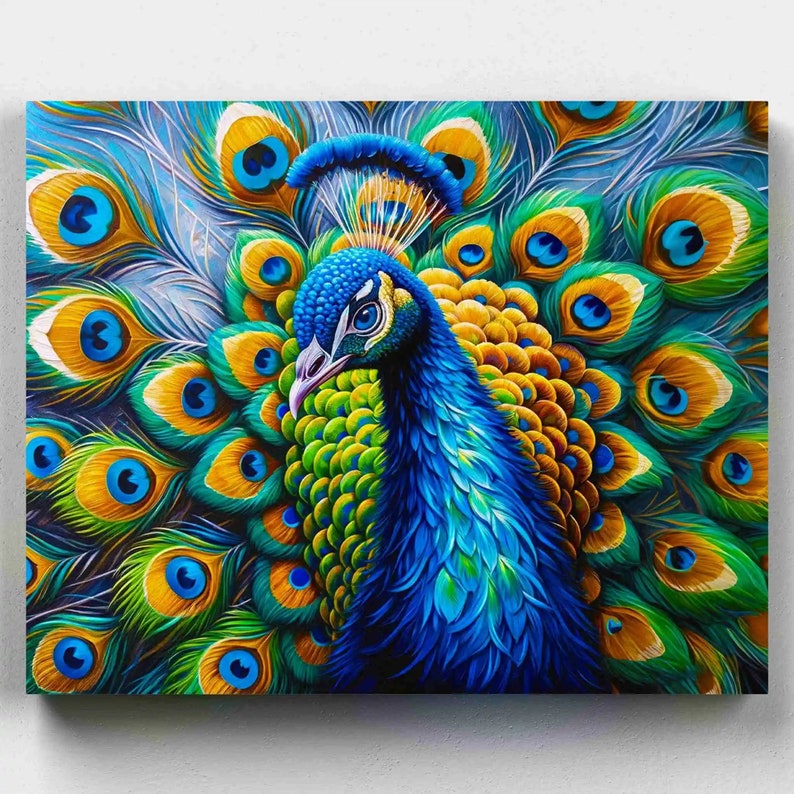 Discover the enchantment of royal peacock painting with our Royal Peacock color by number kit. This image showcases the majestic beauty of a royal peacock displaying its vibrant feathers, inviting you to bring this regal portrait to life with our