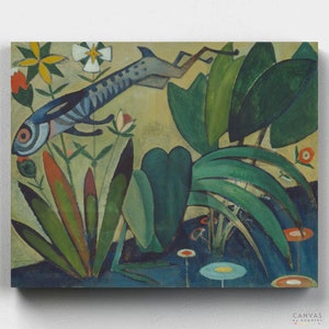 May include: A stylized painting of a blue and black rabbit leaping through a field of green, yellow, and red flowers. The background is a light yellow with a blue and green pond.