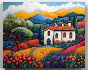 May include: A white house with a red tile roof sits on a hill overlooking a colorful landscape. The house has a green door and windows. The landscape is filled with flowers and trees. The sky is blue with white clouds.