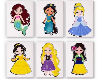 Set of 6 Mini Paint by Numbers - Little Princesses – Easy Canvas Painting DIY Art - Gift Idea
