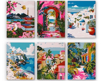 Set of 6 Mini Paint by Numbers - Colorful Escapes – Easy Canvas Painting DIY Art - Gift Idea