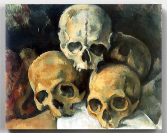 May include: A still life painting of four human skulls in various shades of brown and white. The skulls are arranged in a pile, with the top skull facing forward. The background is a dark brown.