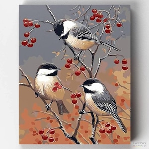 May include: Three black-capped chickadees perched on a branch with red berries. The birds are painted in a realistic style with detailed feathers and beaks. The background is a soft gray with hints of brown and orange.
