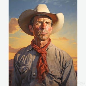 Puede incluir: Retrato de un hombre con sombrero de vaquero, bufanda roja y camisa gris. El fondo presenta un atardecer con tonos naranja y azul. La obra es una pintura sobre lienzo.